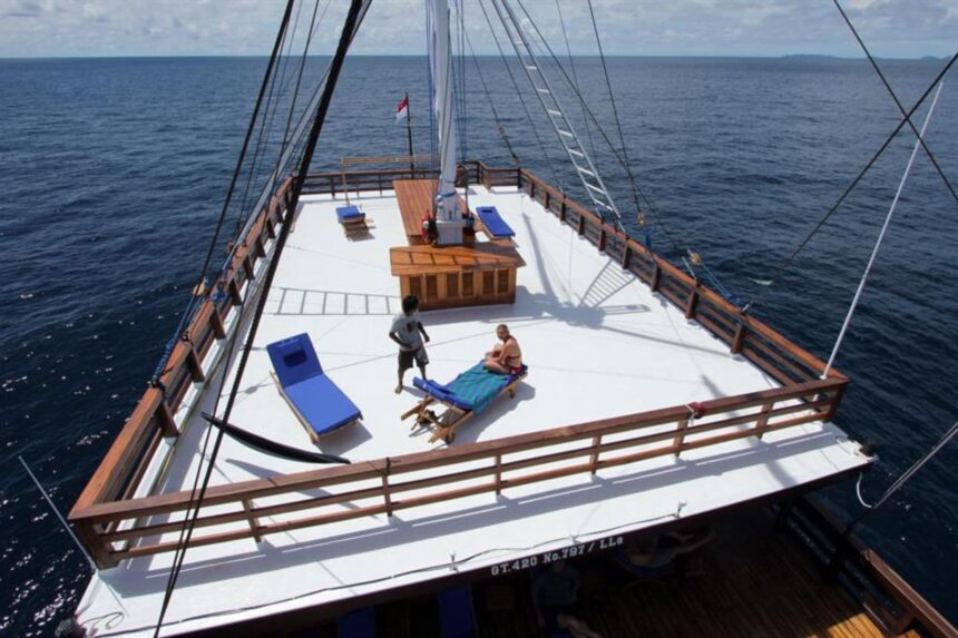 aerial view of the bow deck aboard the Amira liveaboard with guests relaxing
