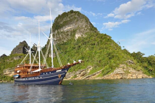 the Amira liveaboard anchored near a lush green island