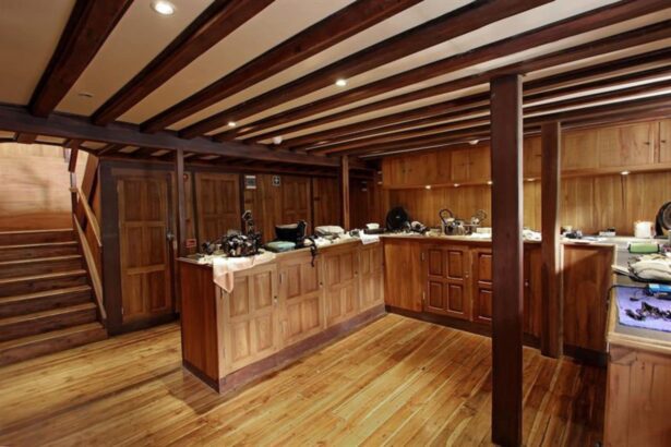 galley and equipment storage area below deck on the Amira