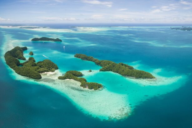 aerial view of Palau's Rock Islands surrounded by turquoise water