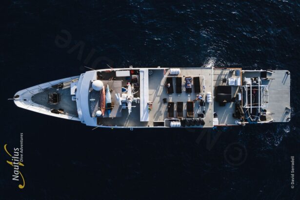 Aerial view looking straight down on the Nautilus Explorer's deck and sun loungers