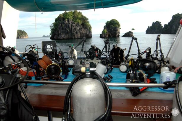 Scuba gear and cameras laid out on the dive deck with limestone islets in the background