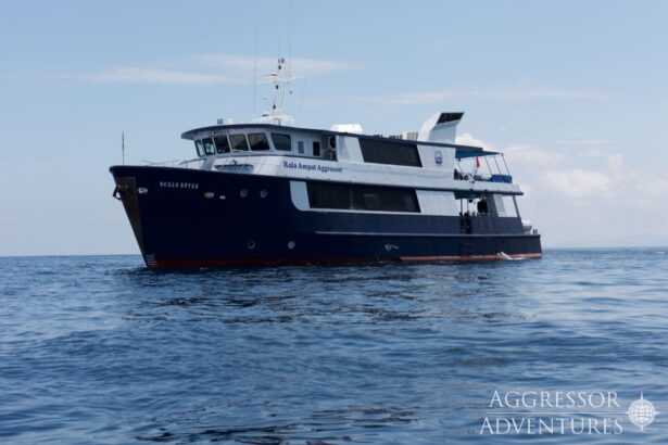 The Raja Ampat Aggressor liveaboard vessel anchored on calm water