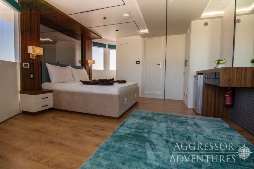 A stateroom with a large bed and glass shower wall aboard the Red Sea Aggressor IV