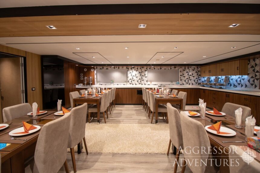 Buffet-style dining area with place settings aboard the Red Sea Aggressor IV