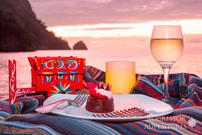 Chocolate dessert and wine served at sunset aboard the Okeanos Aggressor II