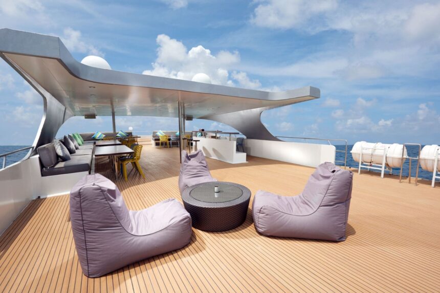 Bean bag chairs and shaded lounge area on the Gaia Love top deck