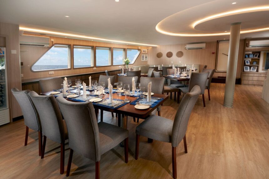 Formal dining table set for guests in the Gaia Love restaurant
