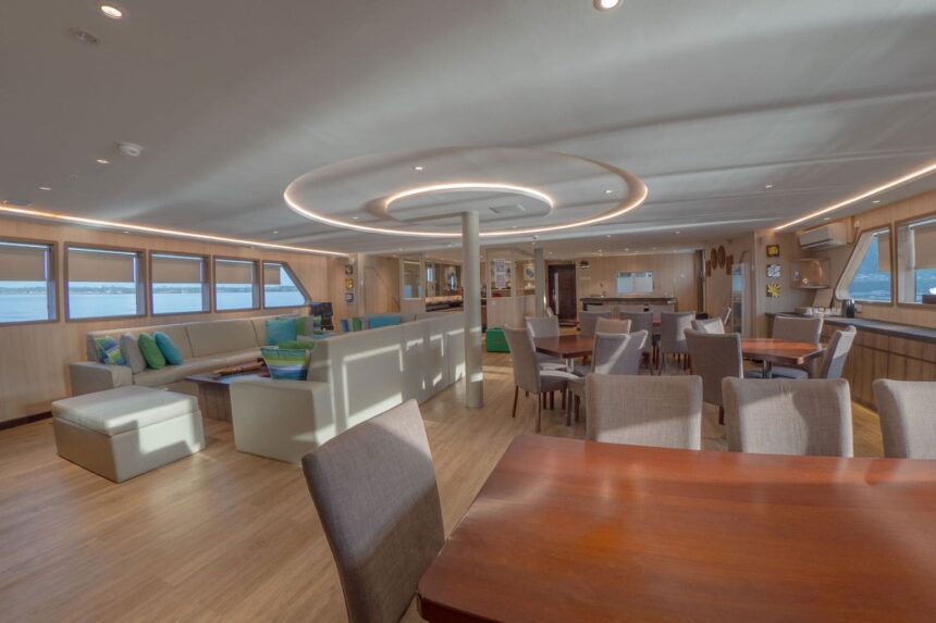 Lounge and dining area in the salon aboard the Gaia Love