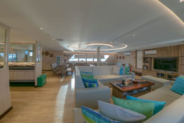 Open plan salon with sofas and dining tables aboard the Gaia Love