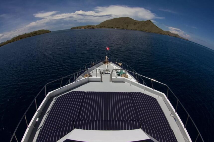 View from the bow of the Mermaid II approaching islands in Komodo