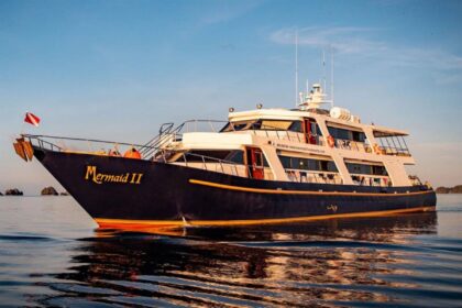 Mermaid II liveaboard dive boat anchored at sunset with a dive flag flying at the bow