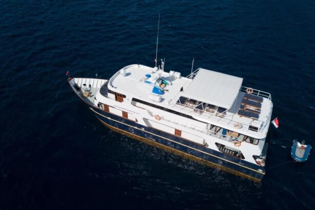 Aerial view of the Mermaid I liveaboard anchored in open water