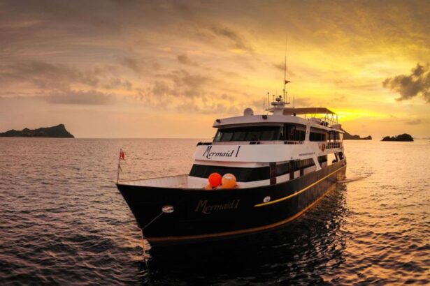 Mermaid I liveaboard at sunset with orange sky reflected on calm water