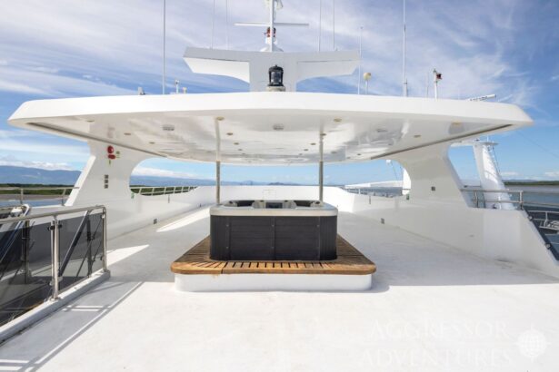 Shaded upper deck hot tub area aboard the Cocos Island Aggressor