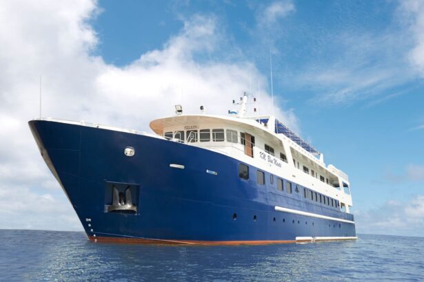 The Blue Manta liveaboard yacht anchored at sea under a blue sky