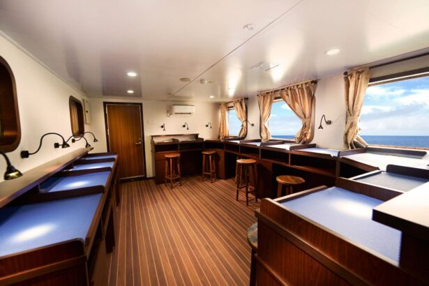 Camera room with charging stations and workbenches aboard the Blue Manta