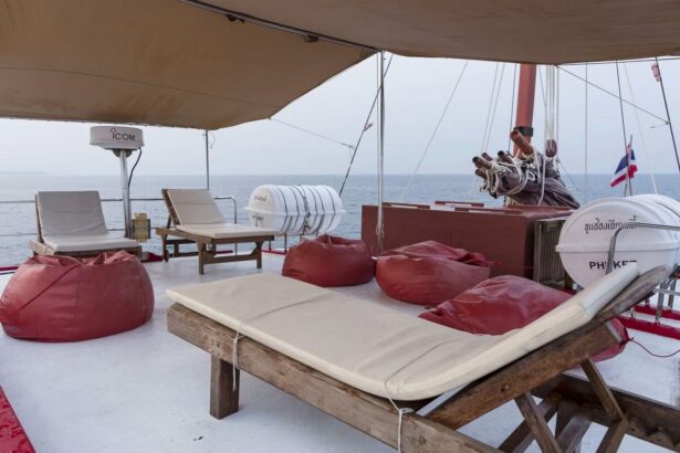 Lounge chairs and bean bags on The Junk's shaded deck