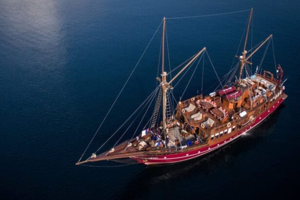 Aerial view of the Arenui liveaboard sailing at sea