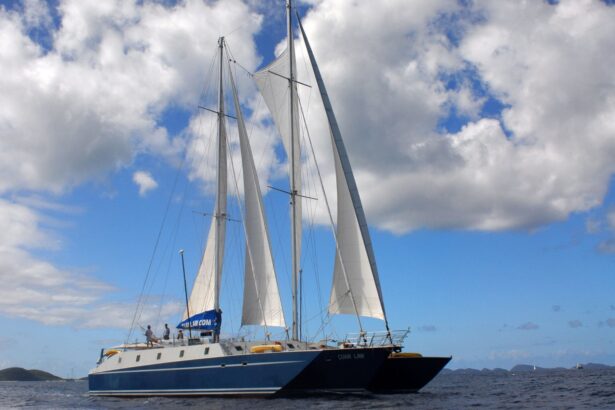 Cuan Law sailing catamaran liveaboard under full sail with small islands in the distance