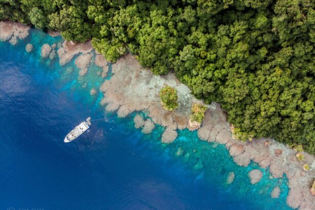 Aerial view of the Solomons Master anchored beside a fringing reef