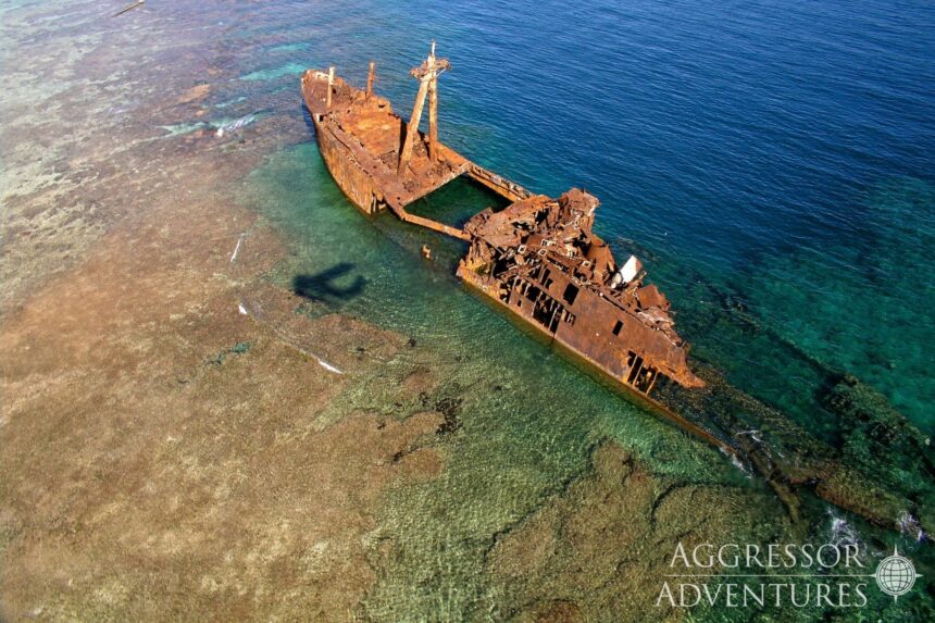 Aerial view of a rusted shipwreck resting on a shallow reef near shore