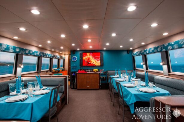 Dining room aboard the Roatan Aggressor set with teal tablecloths and place settings