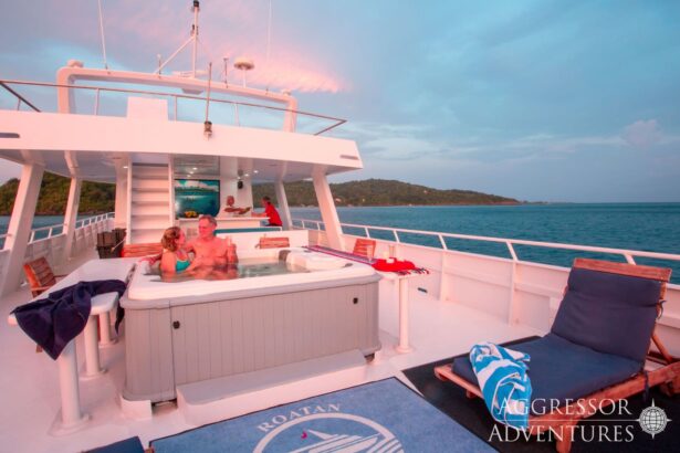 Couple relaxing in the hot tub on the Roatan Aggressor's sundeck at sunset