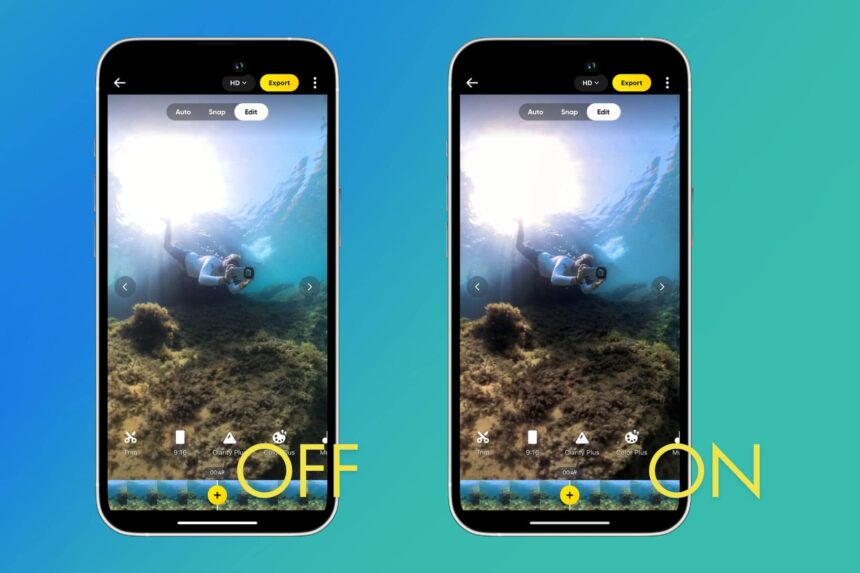 insta360 x3 app aquavision 2.0 off and on Two phone screens comparing an underwater Insta360 X3 clip with the color correction off and on