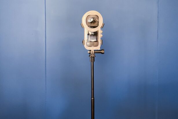 Insta360 X3 inside its clear Invisible Dive Case mounted on an extended selfie stick against a blue wall