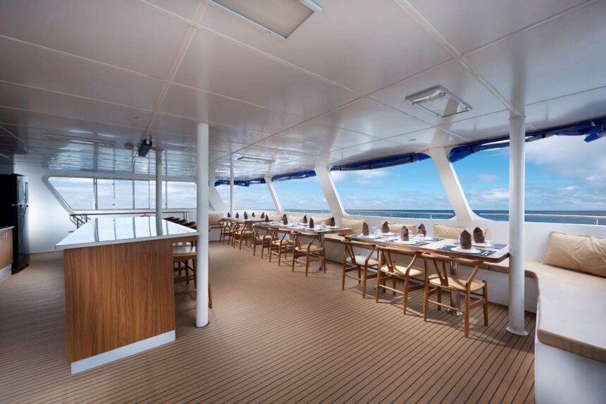 Indoor dining and lounge deck aboard the White Manta with wooden chairs by the windows