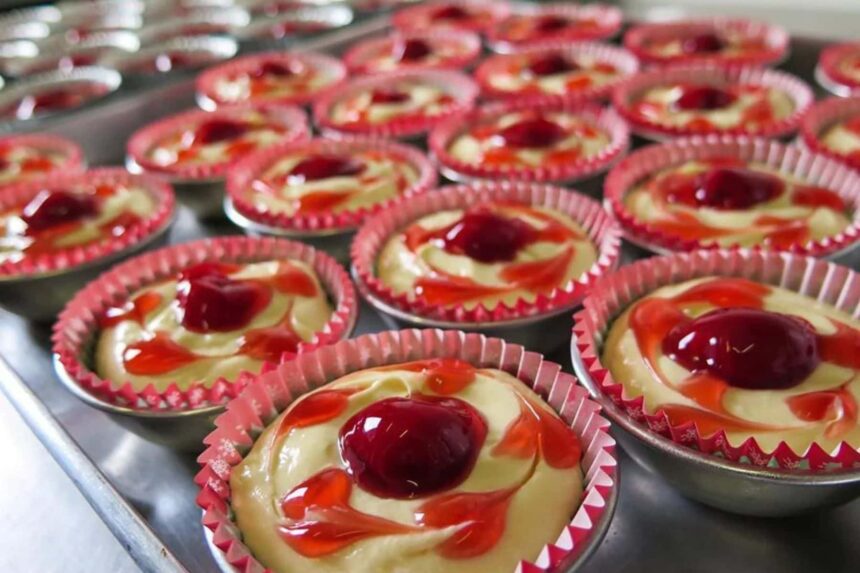 Tray of cherry-topped cheesecake bites fresh from the White Manta's galley