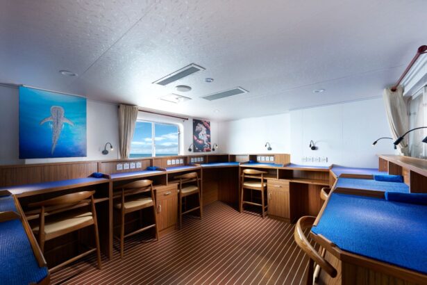 Photography and camera prep room aboard the White Manta with a whale shark painting