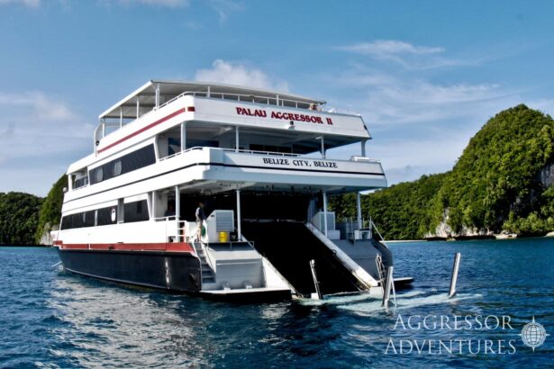 The Palau Aggressor II liveaboard yacht anchored near Palau's Rock Islands