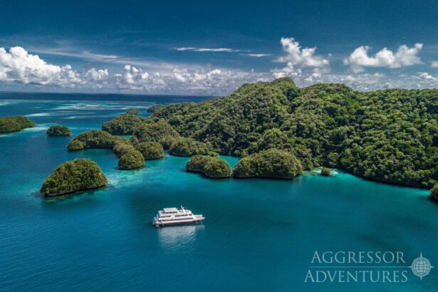 Aerial view of Palau's Rock Islands with a liveaboard anchored in the lagoon