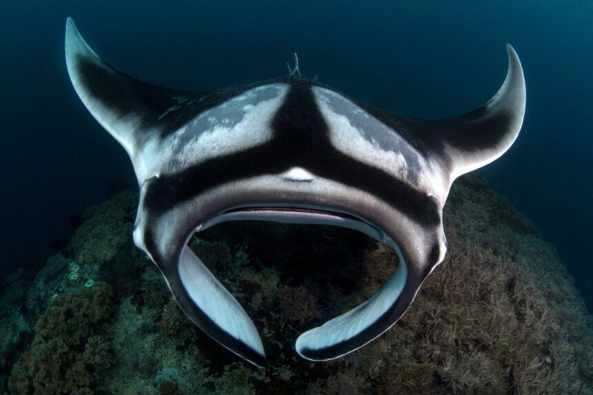 Oceanic manta ray with mouth open swimming over a reef