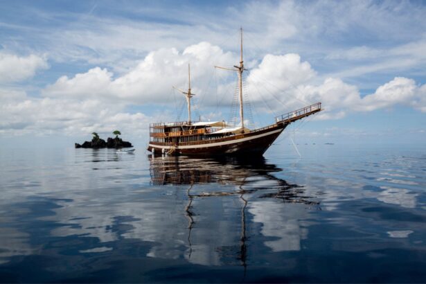 Coralia liveaboard yacht anchored near a small rocky island
