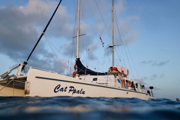 Cat Ppalu bow view from the waterline with guests aboard