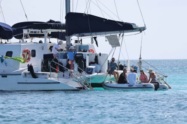 Guests transferring between the catamaran and a dinghy at sea