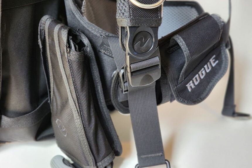 Close-up of the Aqualung Rogue waist buckle and Rogue branded weight pocket
