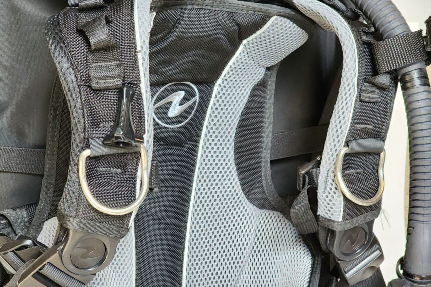 Close-up of the Aqualung Rogue padded shoulder straps with stainless D-rings and quick releases