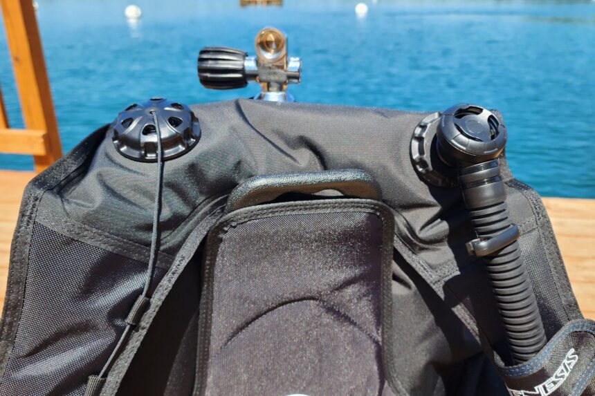 Top view of the Genesis Origin showing the carrying handle, dump valve and inflator hose