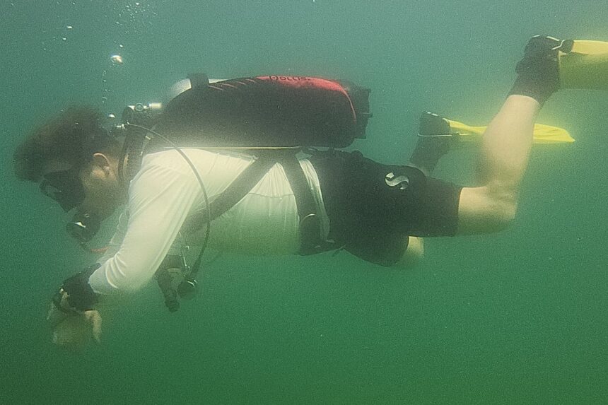 DIVEIN tester diving in horizontal trim with the Hollis STS backplate and wing in green water