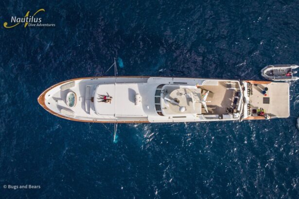 Aerial top-down view of the Nautilus Gallant Lady underway with divers on deck