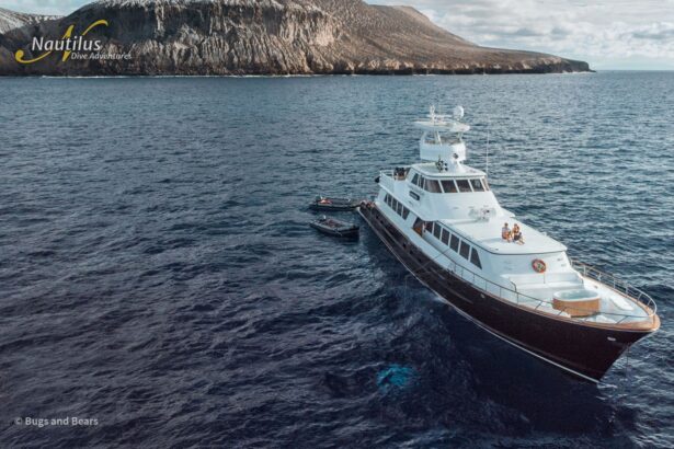 Nautilus Gallant Lady liveaboard yacht anchored near a rocky coastline in the Sea of Cortez