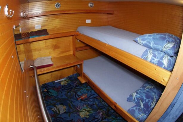 Compact bathroom aboard the Dolphin Dream with a beach themed shower curtain