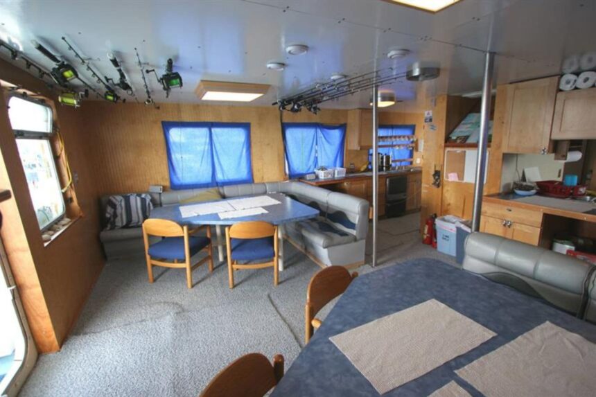 Galley counter aboard the Dolphin Dream with mugs hanging beneath a blue curtain