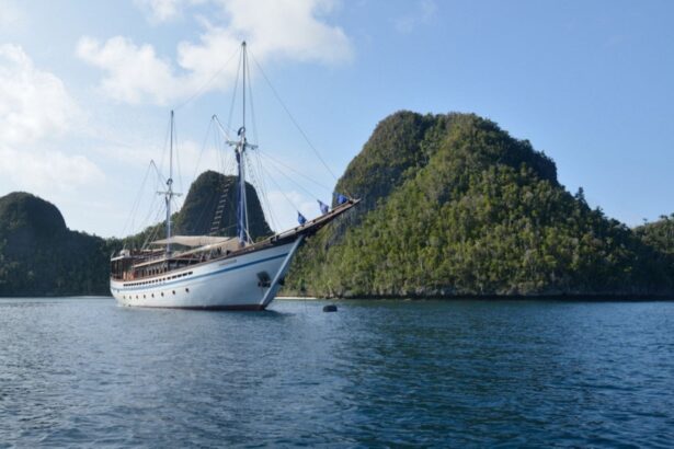 The Samambaia liveaboard anchored near jungle-covered limestone islands