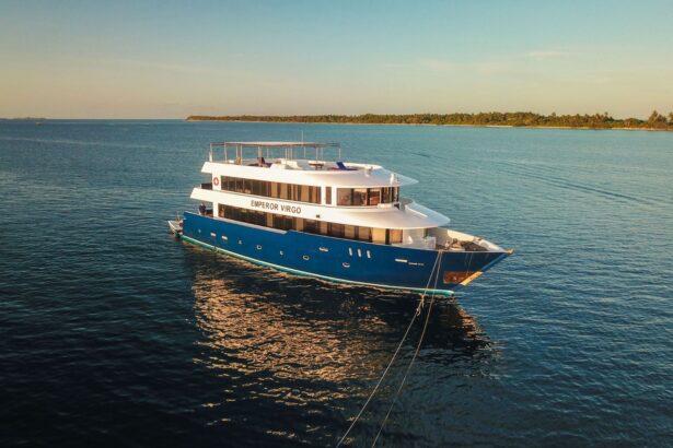 Emperor Virgo liveaboard yacht anchored off a palm-lined shore at sunset