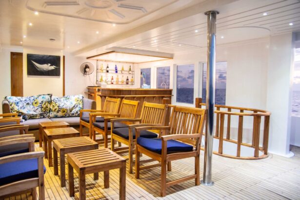 Wooden bar and lounge chairs on the Emperor Virgo's upper deck at dusk